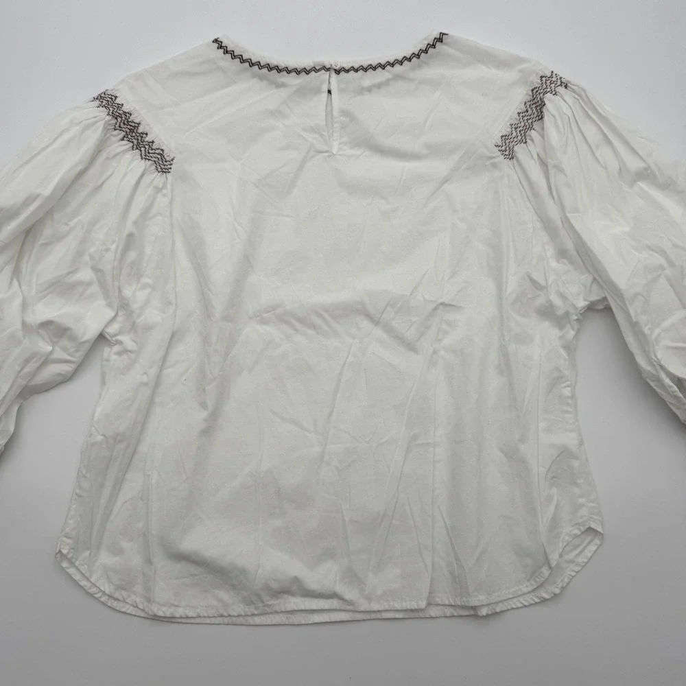 Madewell Embroidered Poplin Balloon-Sleeve Top White Boho Peasant Size‎ L